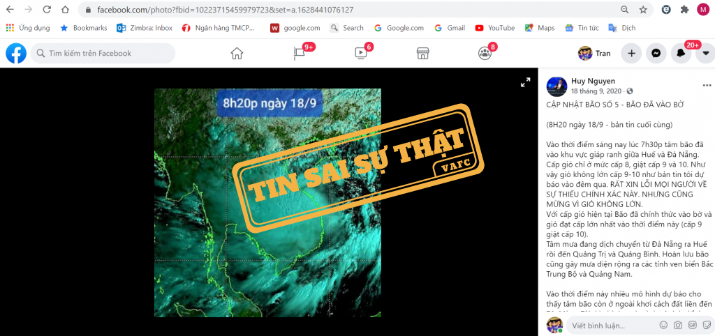 Hình ảnh đưa tin sai sự thật của Facebooker Huy Nguyen về cơn bão số 5