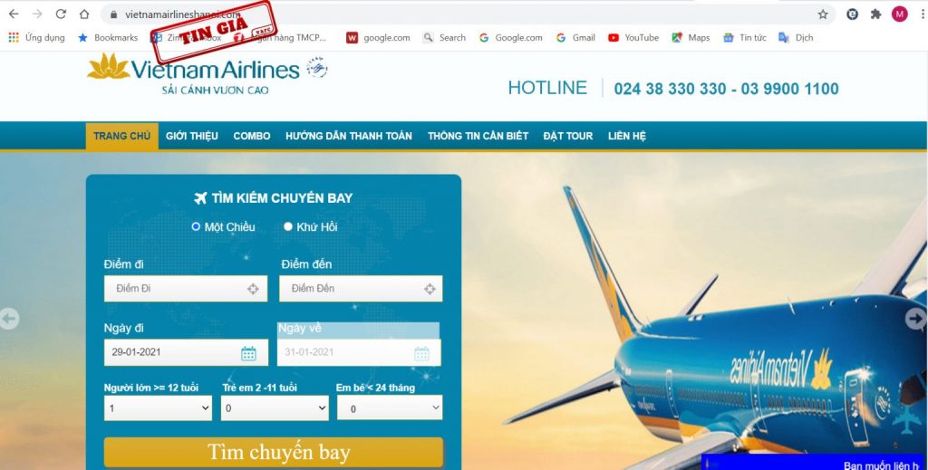 Website www.vietnamairlineshanoi.com làm giả website của Hãng hàng không Vietnam Airlines