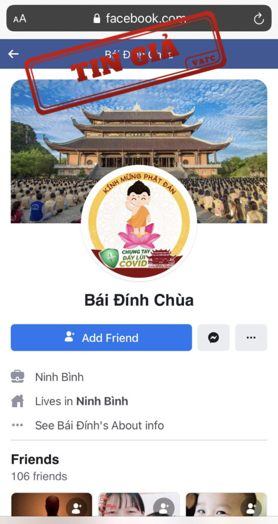 Giả mạo tài khoản facebook Chùa Bái Đính kêu gọi từ thiện