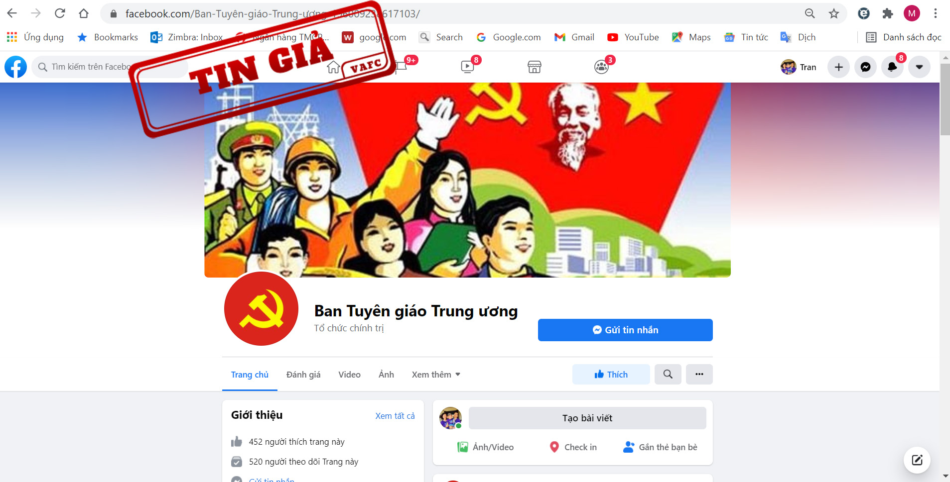 Giả mạo fanpage của Ban Tuyên giáo Trung ương