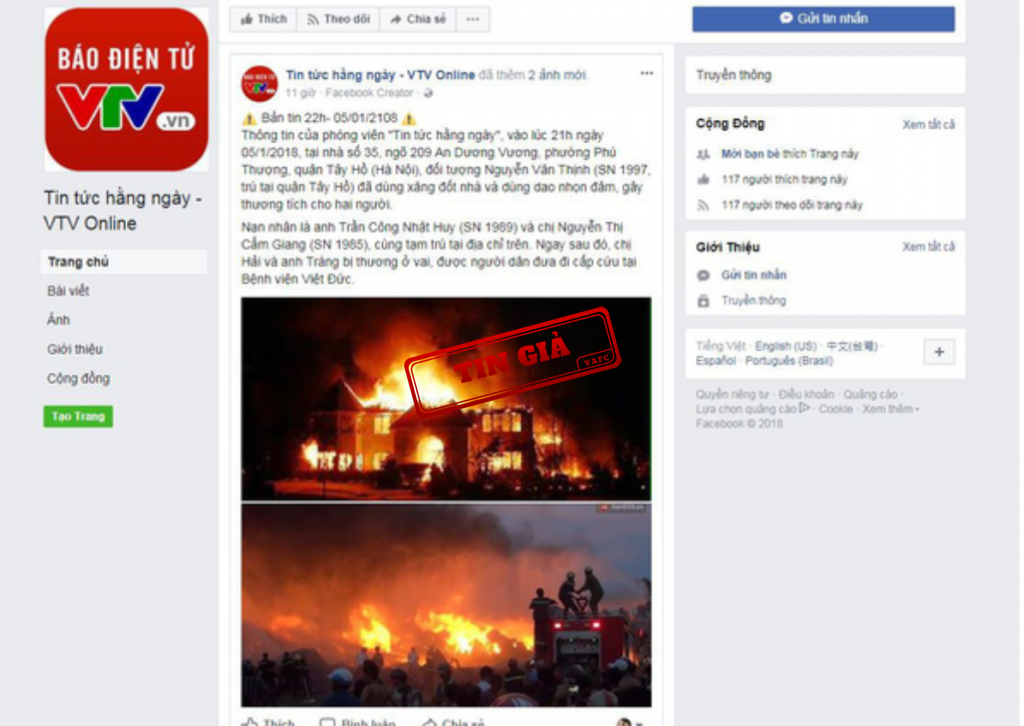 Trang fanpage giả mạo VTV