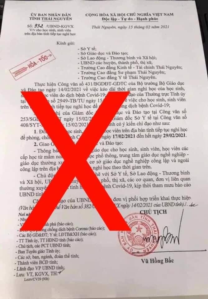 Cho học sinh, sinh viên tỉnh Thái Nguyên nghỉ học là tin giả