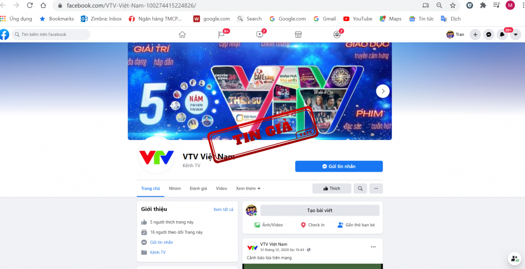 Trang fanpage giả mạo VTV