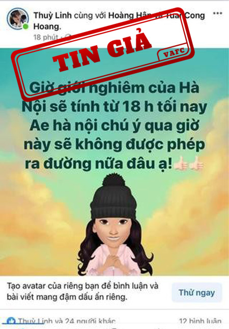 Tin giả về giờ giới nghiêm TP. Hà Nội