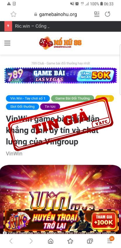 Giả mạo vingroup để quảng cáo game bài