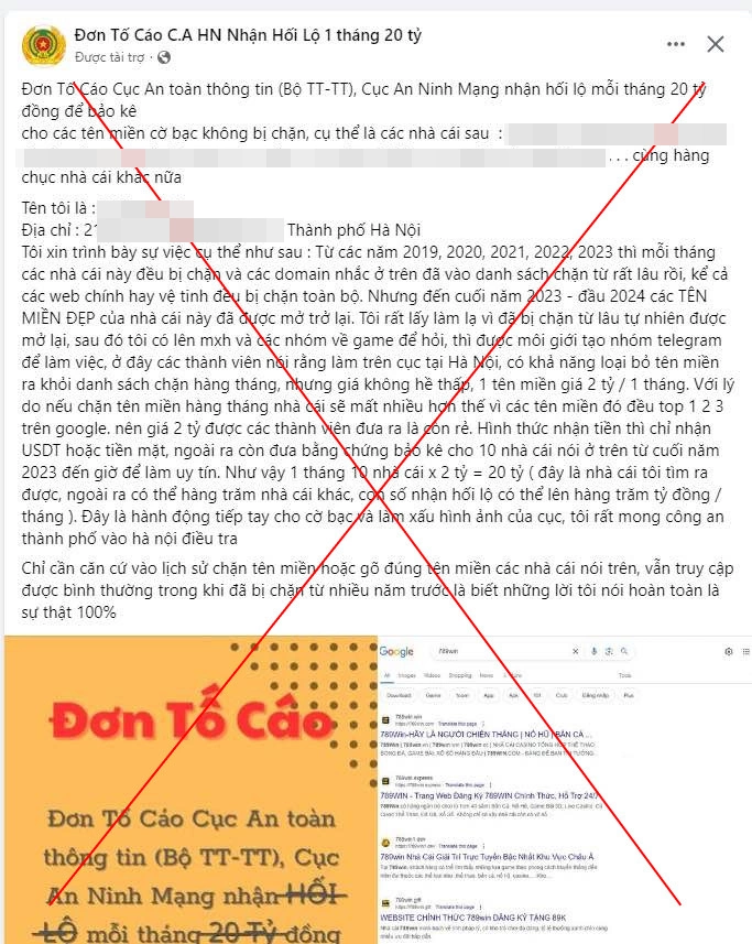 Chiêu 'đơn tố cáo' sai sự thật để quảng cáo web đánh bạc