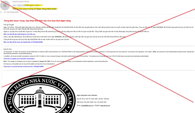 Cảnh báo: Mạo danh Ngân hàng Nhà nước gửi đường link cập nhật thông tin sinh trắc học để lừa đảo
