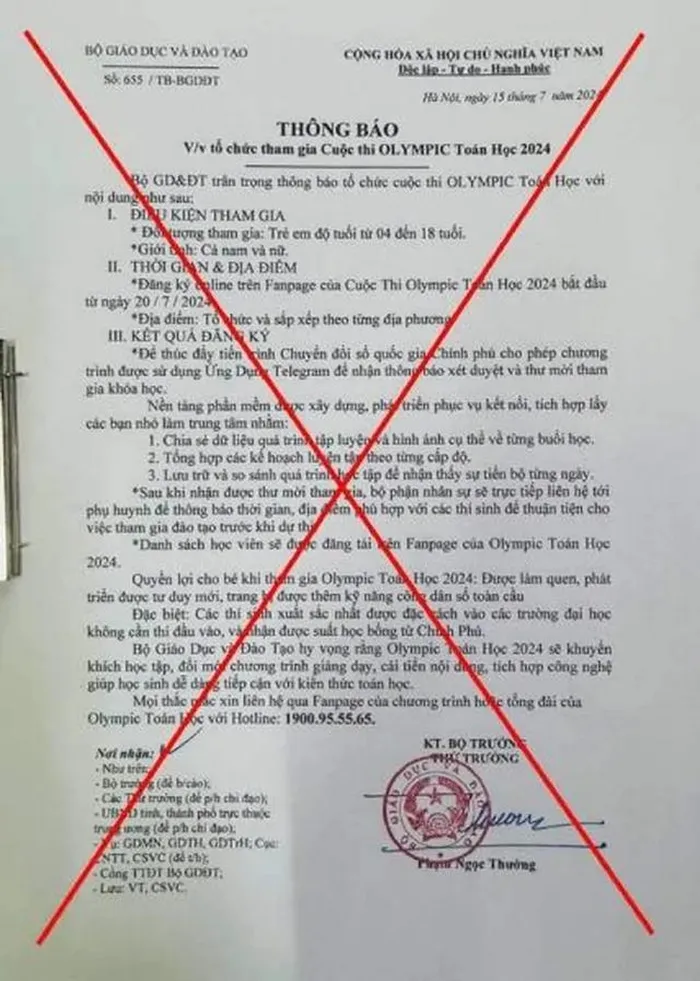 Bộ GD&ĐT cảnh báo giả mạo văn bản tổ chức thi Olympic Toán học 2024