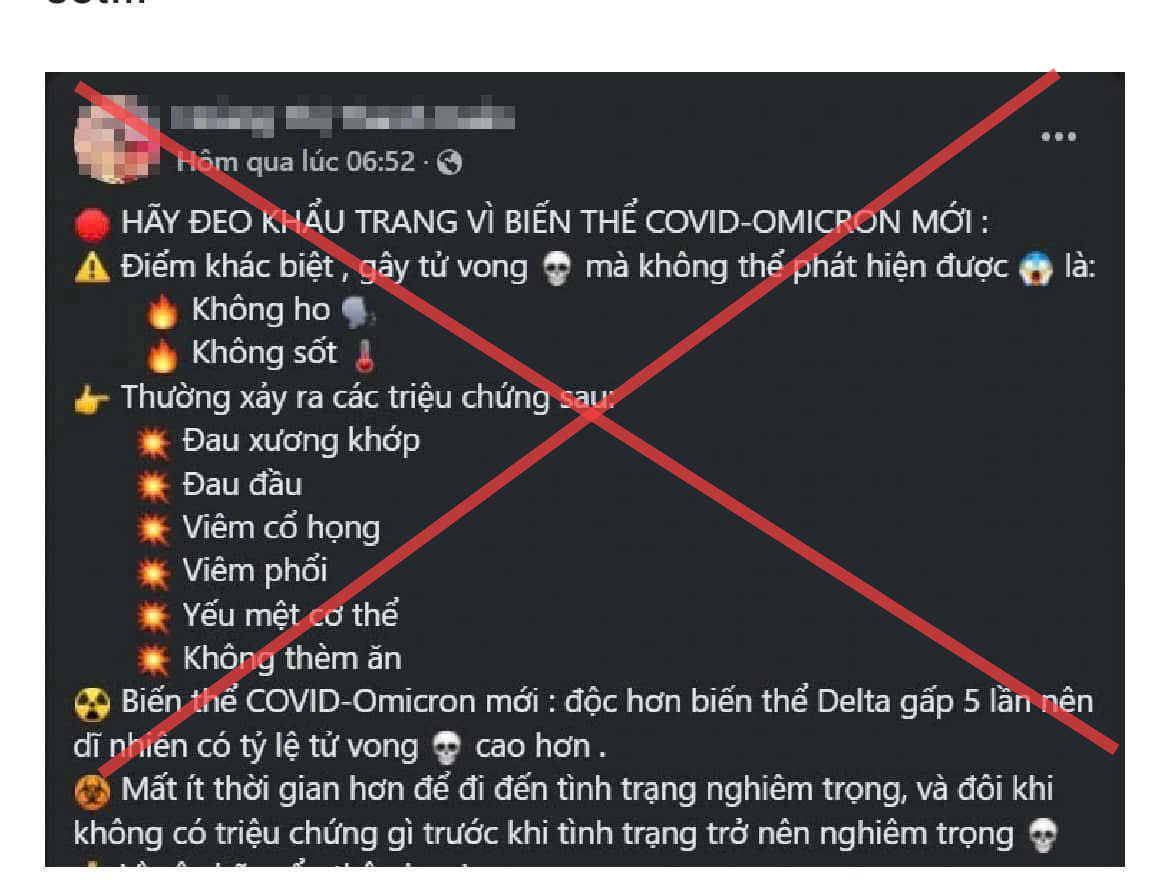 Biến thể COVID-Omicron độc hơn biến thể Delta gấp 5 lần là tin giả