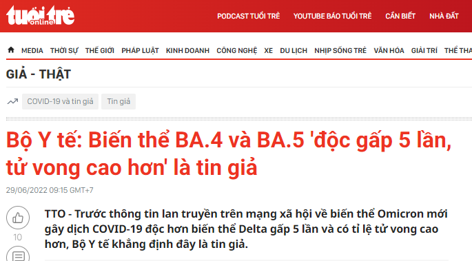 Bộ Y tế: Biến thể BA.4 và BA.5 'độc gấp 5 lần, tử vong cao hơn' là tin giả